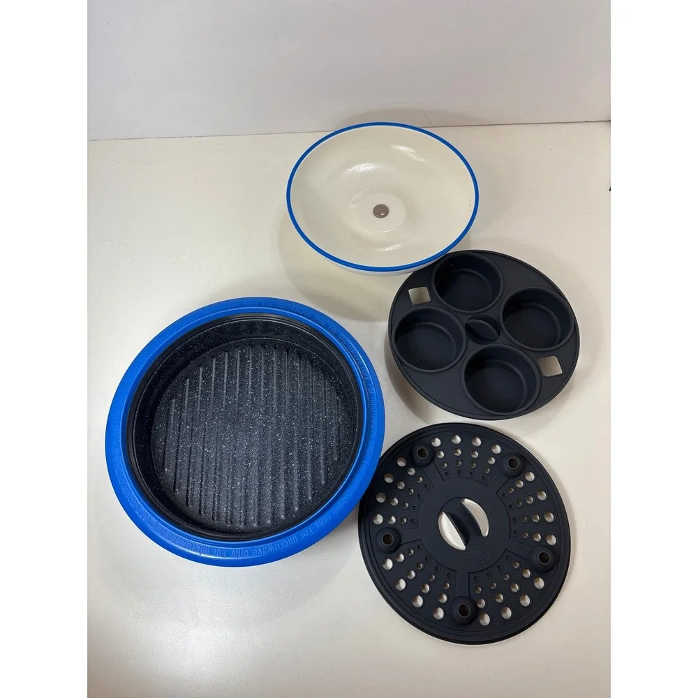 Range Mate Microwave Grill Multi Cooker Steamer Muffin Pan Blue White w/ Manual